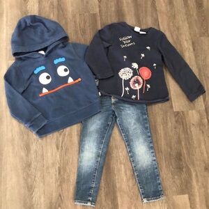 Lot of 3- 5Y Gap Monster Hoodie, Bob Der Bar Sweatshirt, Gymboree Skinny Jeans
